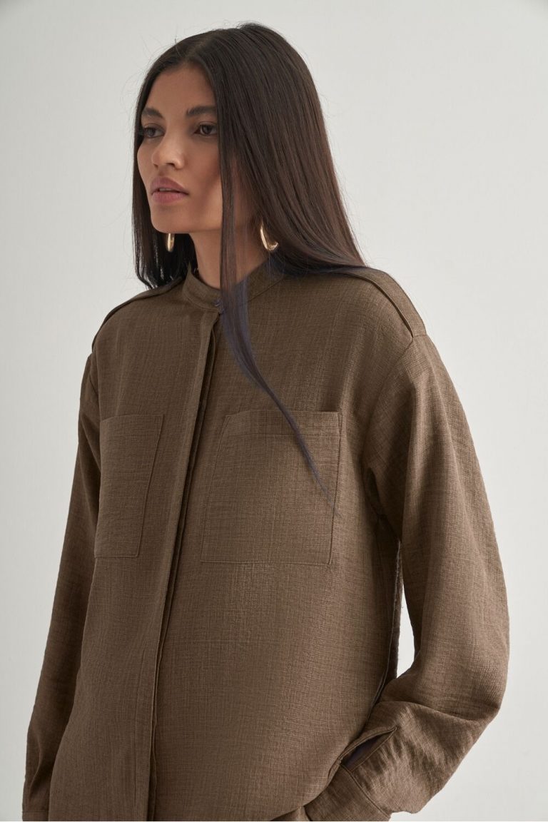 Mizalle Keten Dokulu Apoletli Kahverengi Tunik - Mizalle