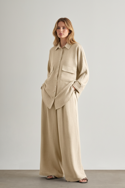 Mizalle - Mizalle Keten Dokulu Beli Lastikli Bej Rengi Bol Kesim Pantolon