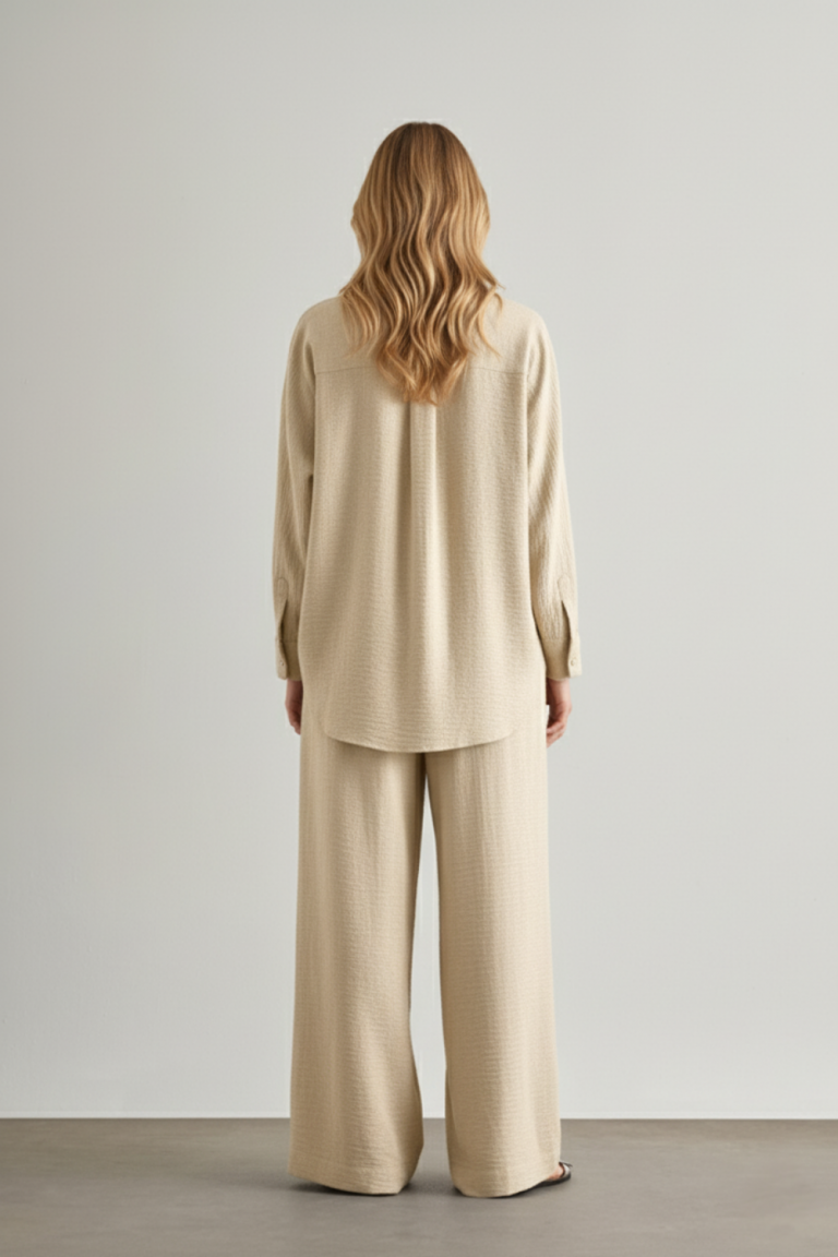 Mizalle Keten Dokulu Beli Lastikli Bej Rengi Bol Kesim Pantolon - Mizalle