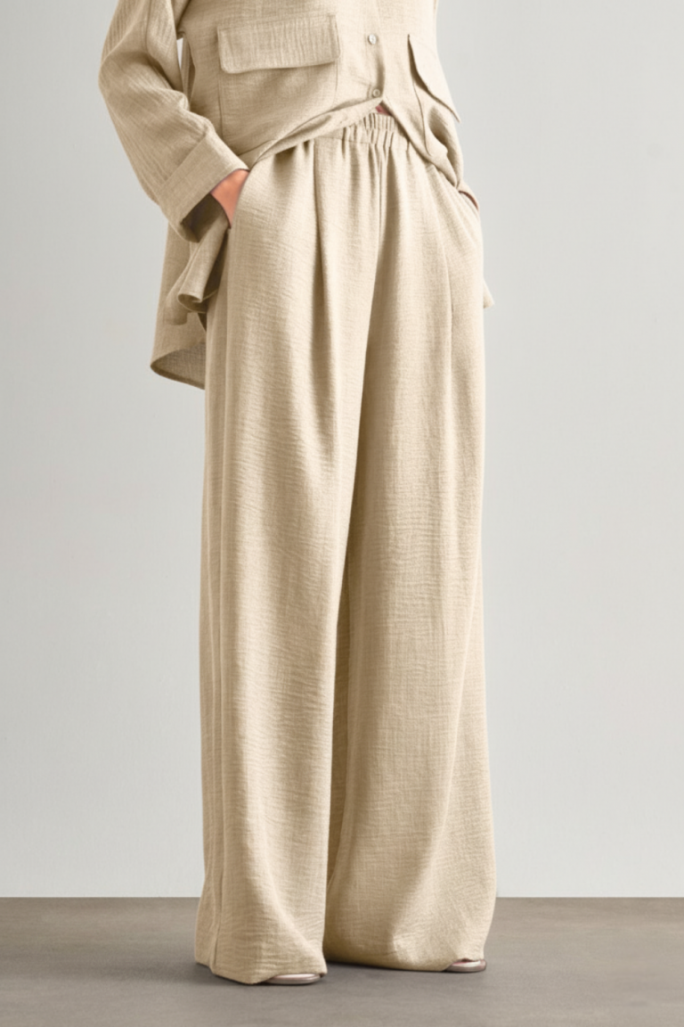 Mizalle Keten Dokulu Beli Lastikli Bej Rengi Bol Kesim Pantolon - Mizalle