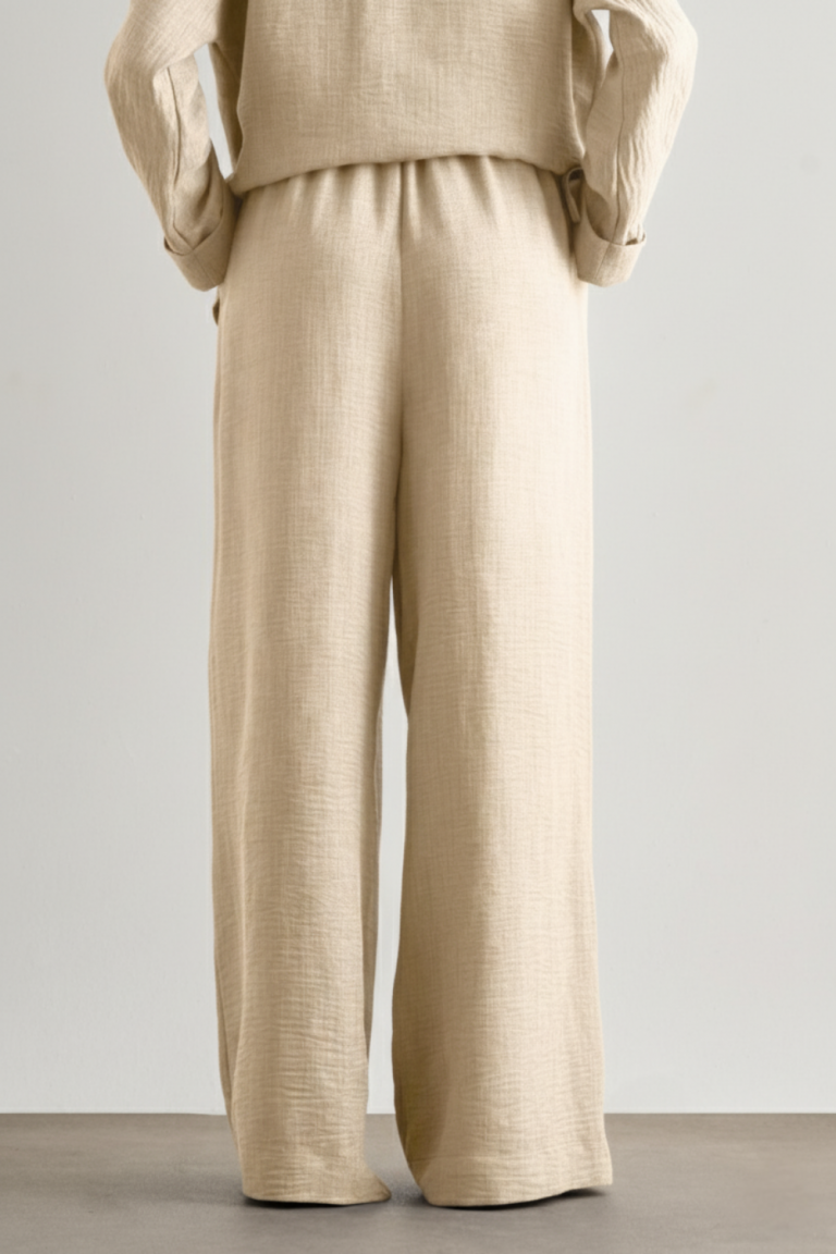 Mizalle Keten Dokulu Beli Lastikli Bej Rengi Bol Kesim Pantolon - Mizalle