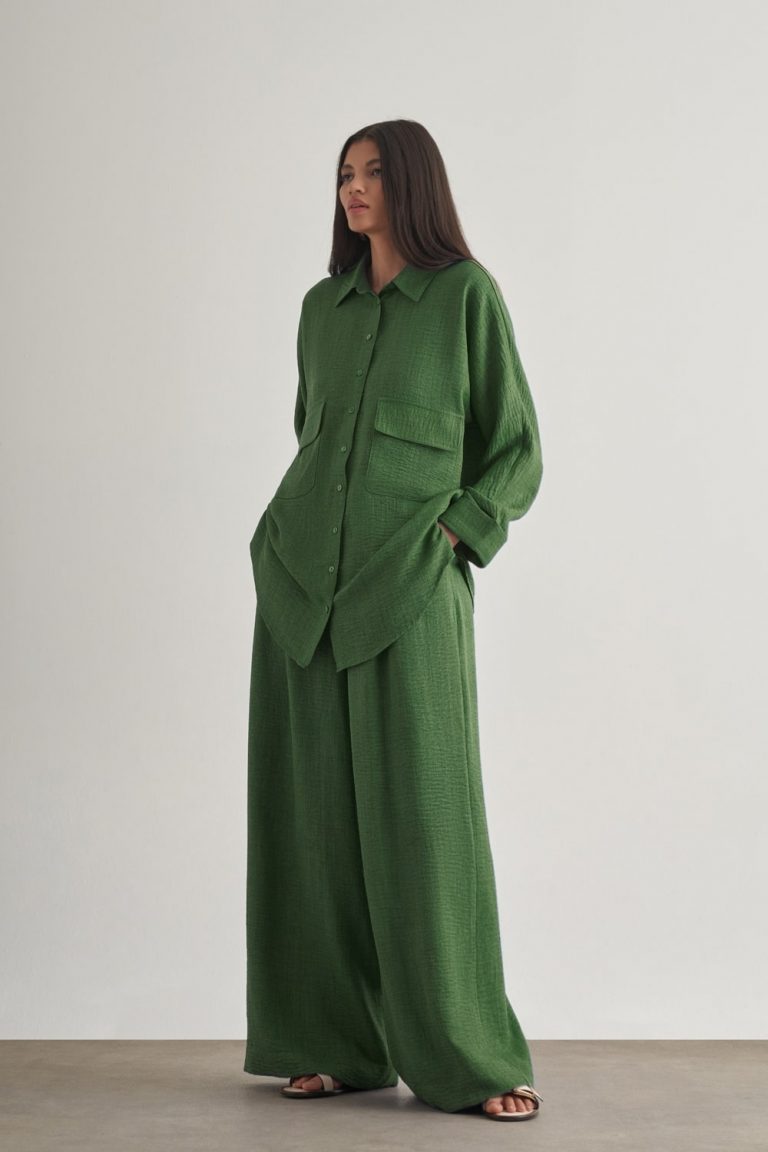 Mizalle Keten Dokulu Beli Lastikli Haki Bol Kesim Pantolon - Mizalle