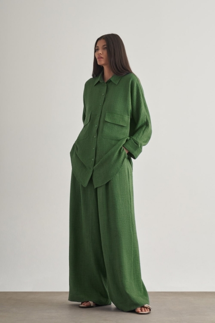 Mizalle - Mizalle Keten Dokulu Beli Lastikli Haki Bol Kesim Pantolon