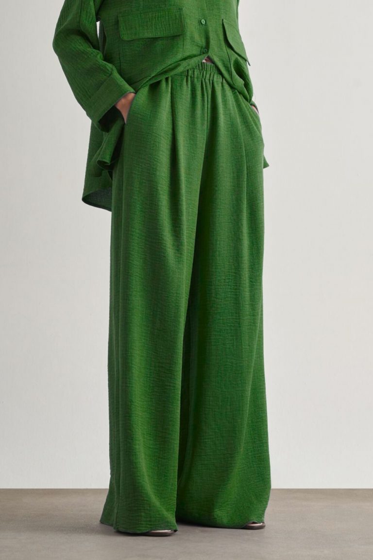 Mizalle Keten Dokulu Beli Lastikli Haki Bol Kesim Pantolon - Mizalle