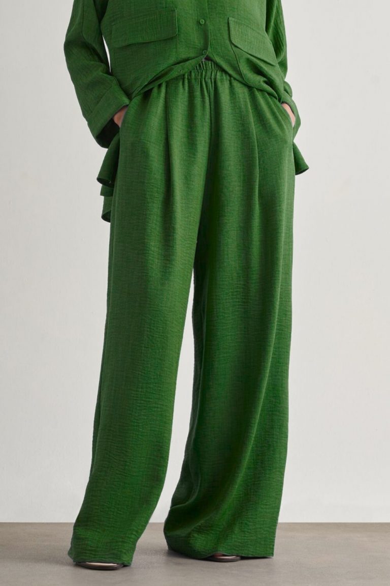 Mizalle Keten Dokulu Beli Lastikli Haki Bol Kesim Pantolon - Mizalle