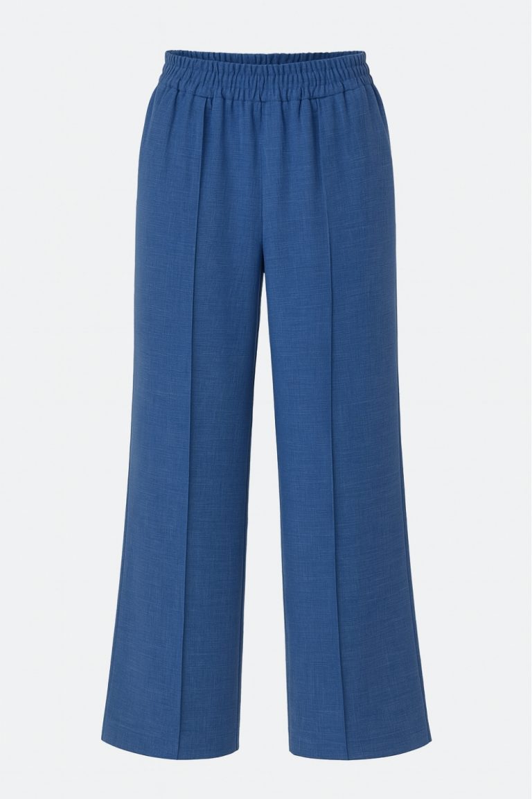 Mizalle Keten Dokulu Beli Lastikli İndigo Mavi Bol Kesim Pantolon - Mizalle