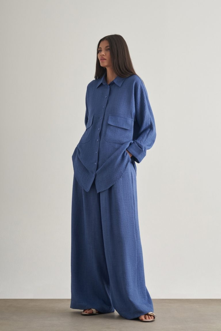 Mizalle Keten Dokulu Beli Lastikli İndigo Mavi Bol Kesim Pantolon - Mizalle