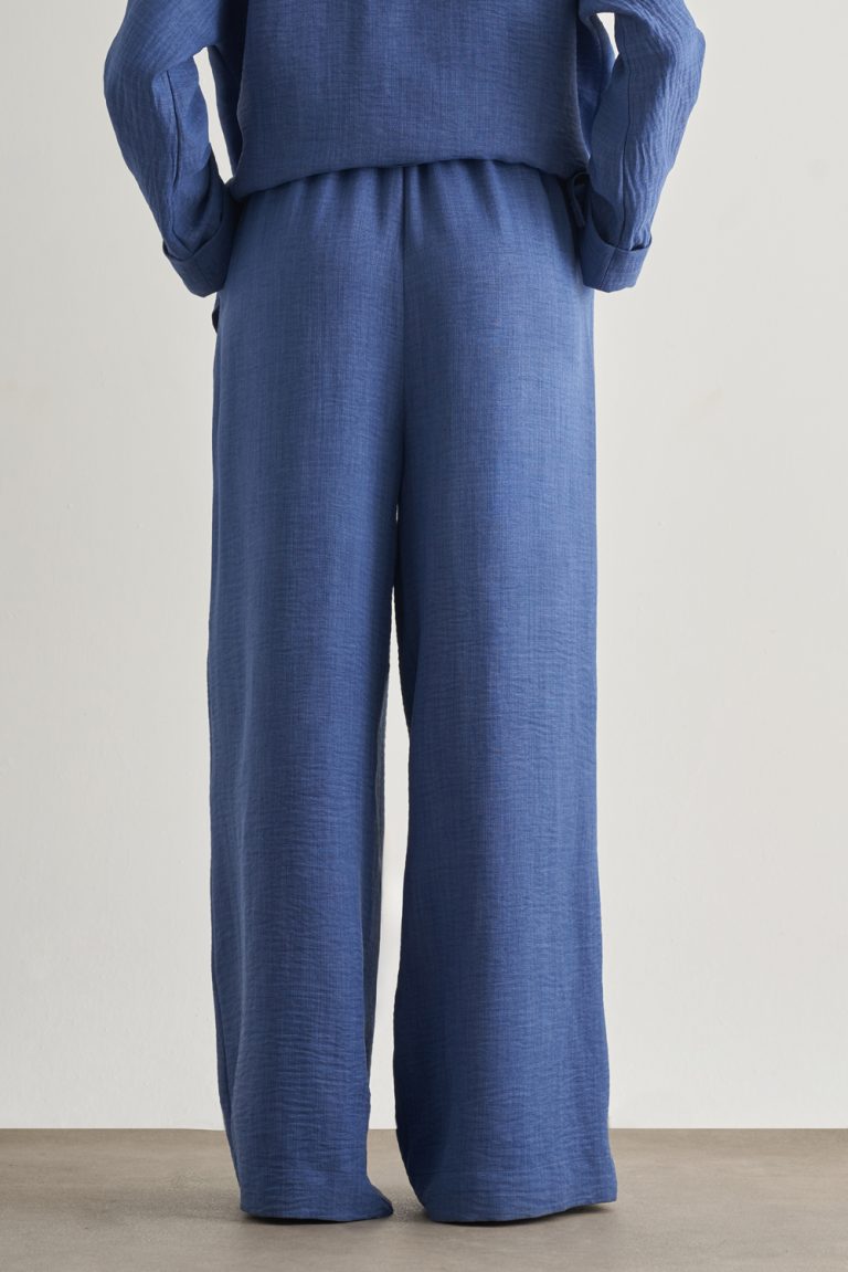 Mizalle Keten Dokulu Beli Lastikli İndigo Mavi Bol Kesim Pantolon - Mizalle