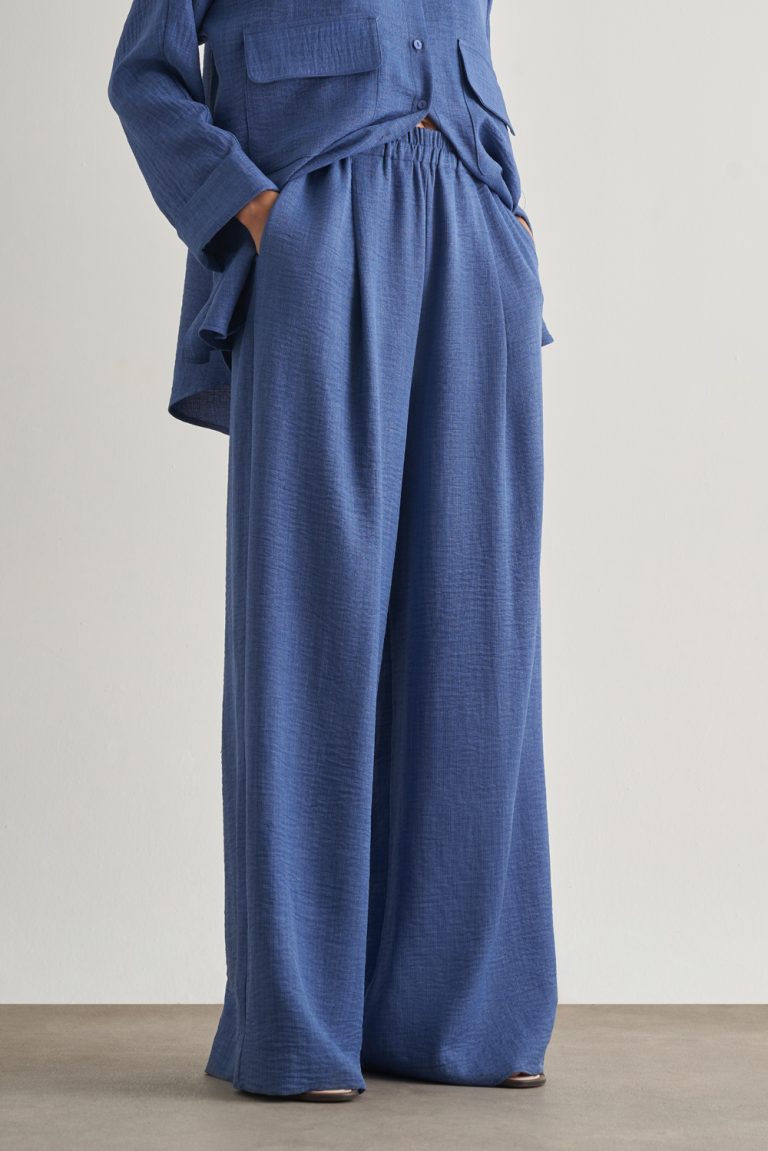 Mizalle Keten Dokulu Beli Lastikli İndigo Mavi Bol Kesim Pantolon - Mizalle