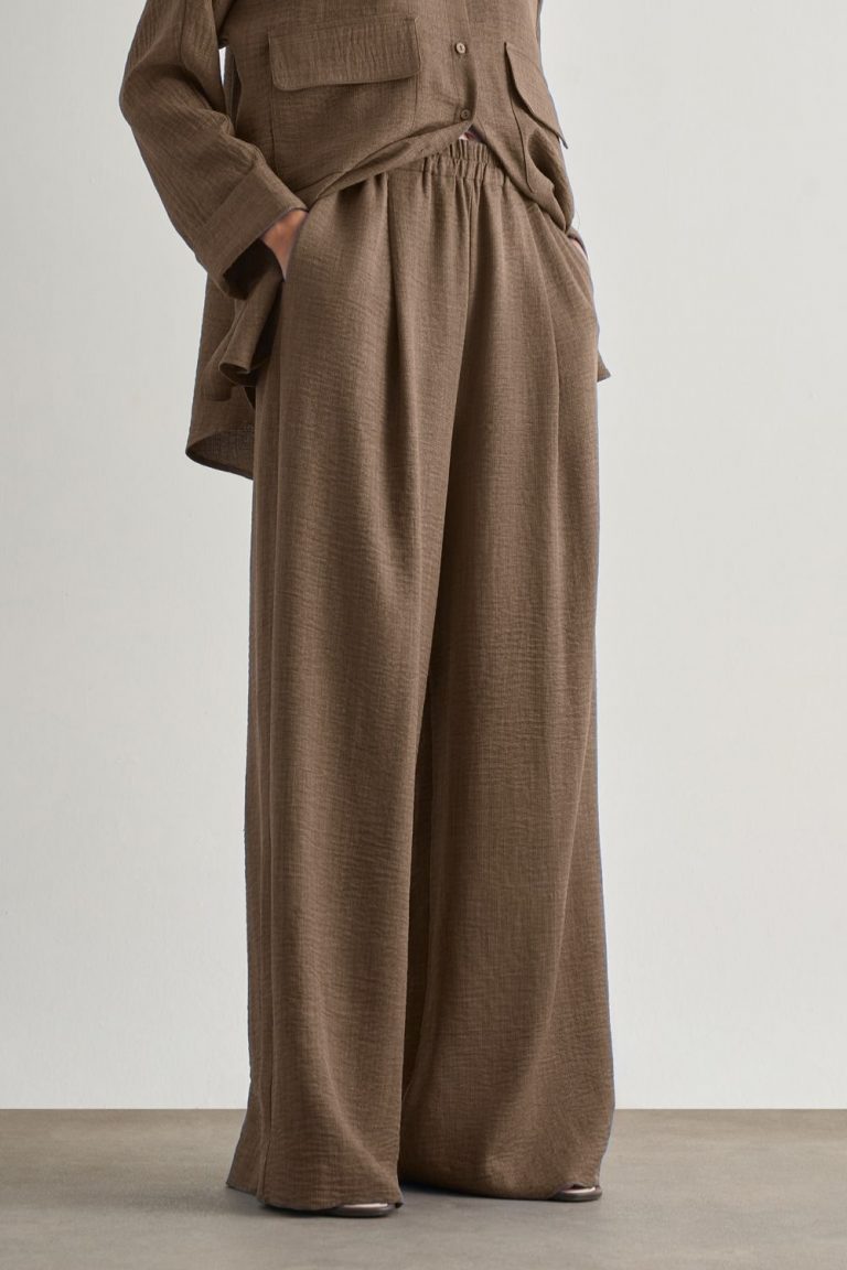 Mizalle Keten Dokulu Beli Lastikli Kahverengi Bol Kesim Pantolon - Mizalle