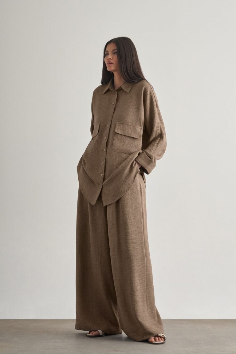 Mizalle Keten Dokulu Beli Lastikli Kahverengi Bol Kesim Pantolon - Mizalle