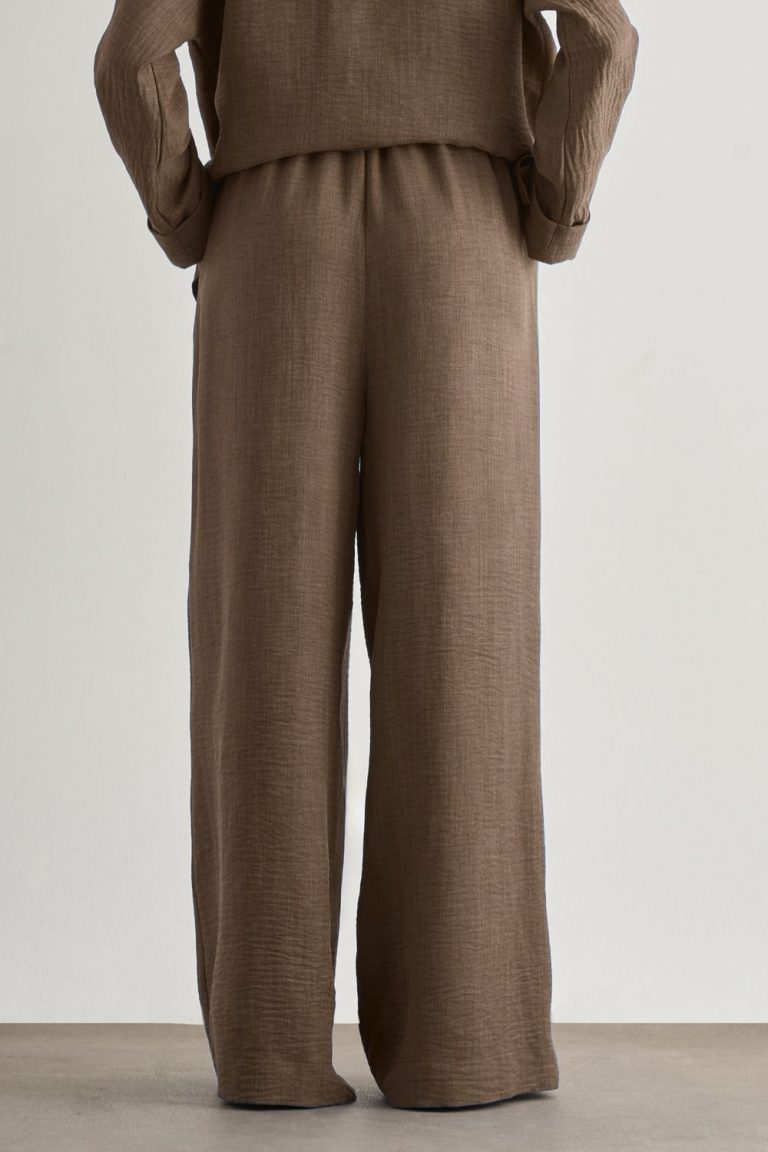 Mizalle Keten Dokulu Beli Lastikli Kahverengi Bol Kesim Pantolon - Mizalle