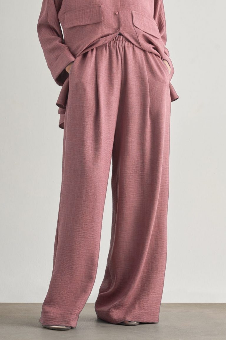 Mizalle Keten Dokulu Beli Lastikli Pembe Bol Kesim Pantolon - Mizalle