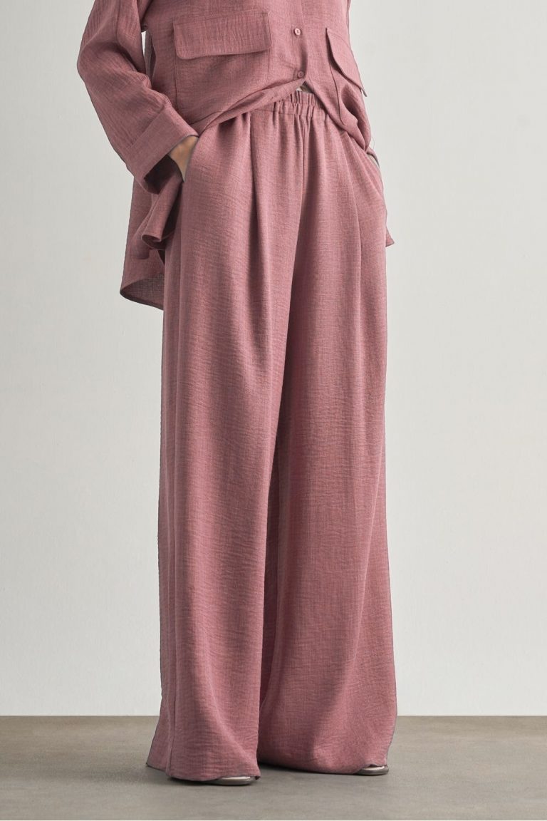 Mizalle Keten Dokulu Beli Lastikli Pembe Bol Kesim Pantolon - Mizalle