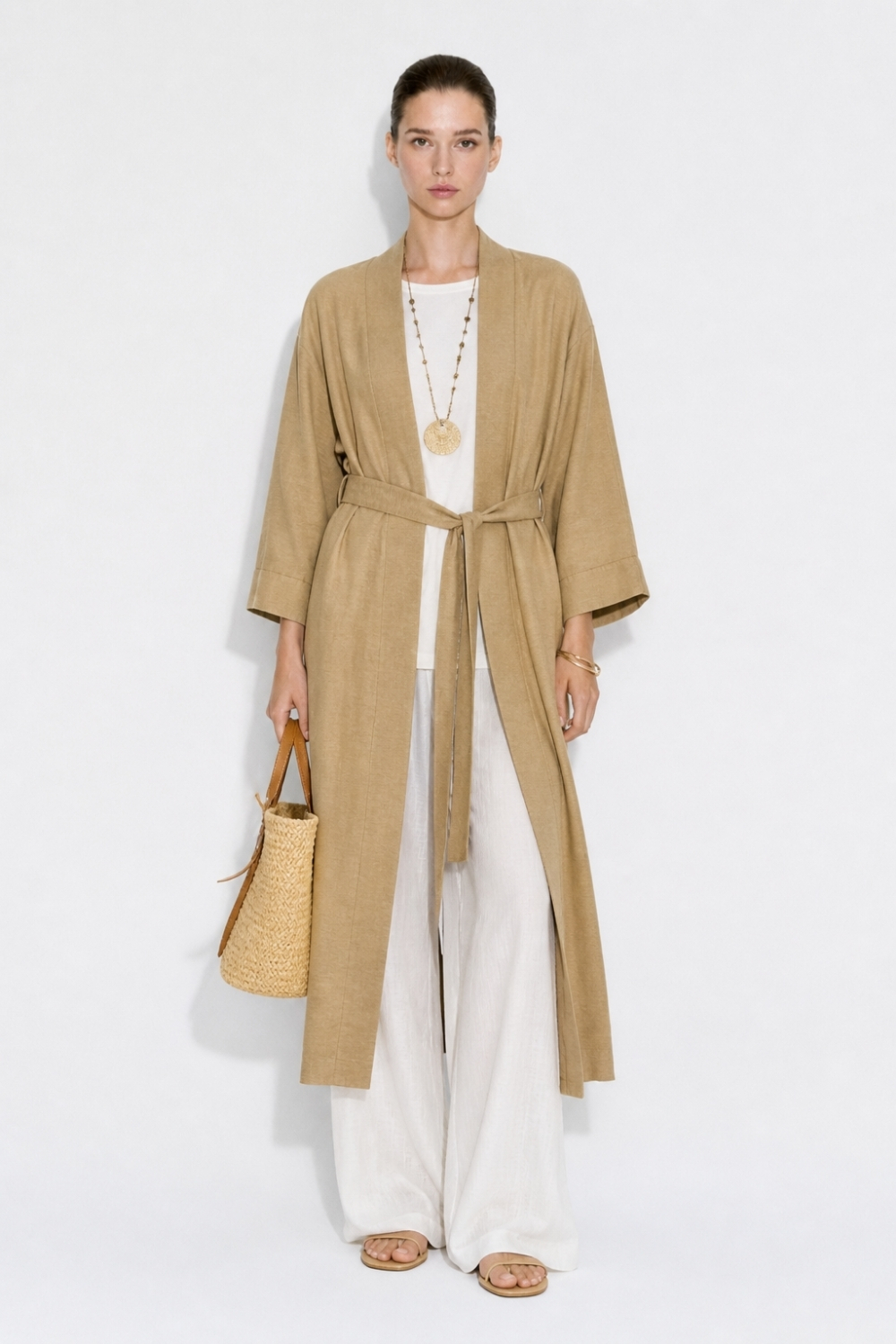 Mizalle Keten Dokulu Kuşak Detaylı Uzun Bej Kimono - 2