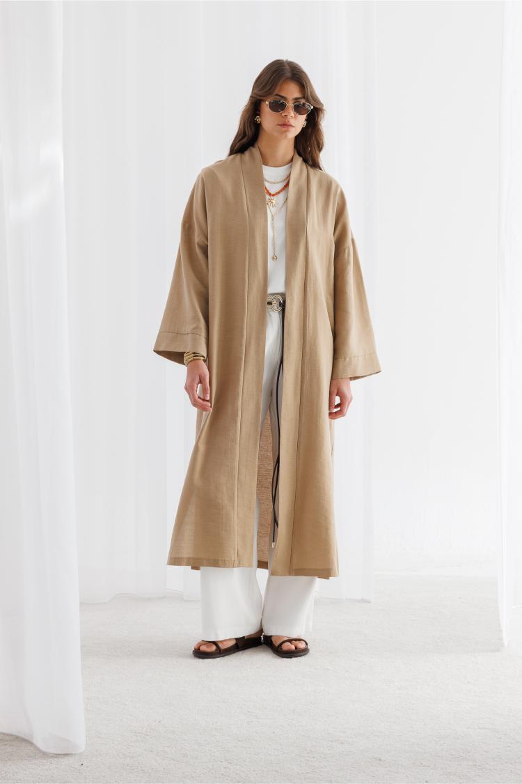 Mizalle Keten Dokulu Kuşak Detaylı Uzun Bej Kimono - Mizalle