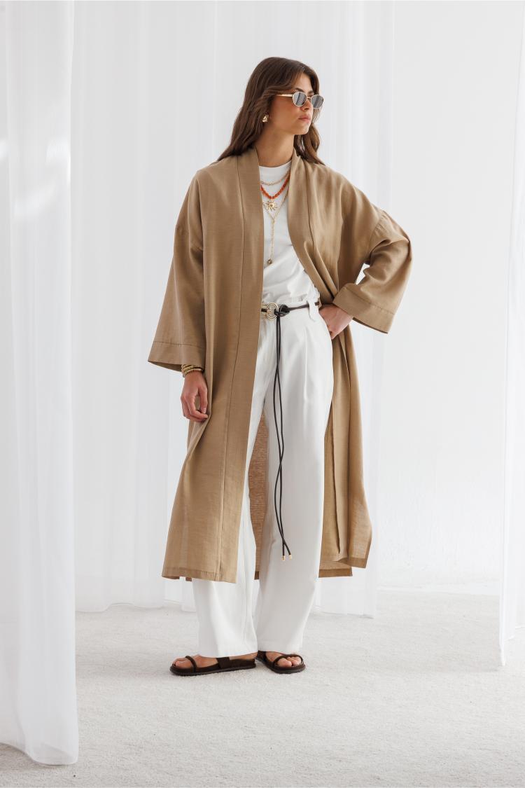Mizalle Keten Dokulu Kuşak Detaylı Uzun Bej Kimono - Mizalle