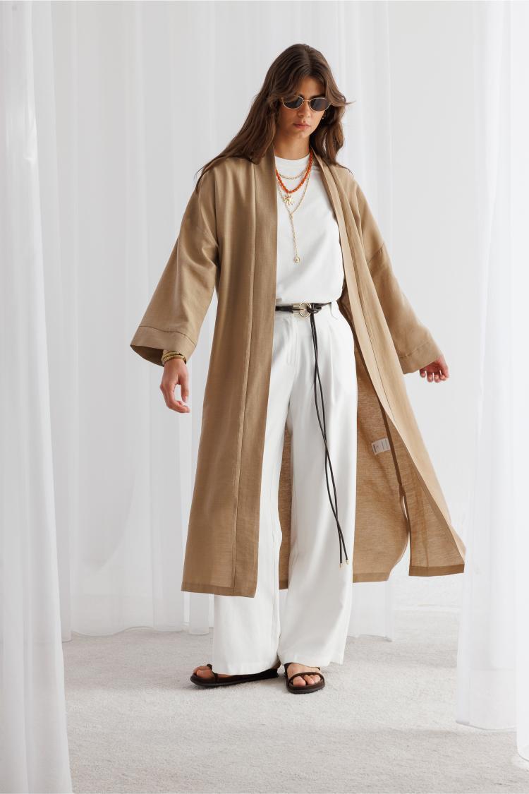 Mizalle Keten Dokulu Kuşak Detaylı Uzun Bej Kimono - Mizalle