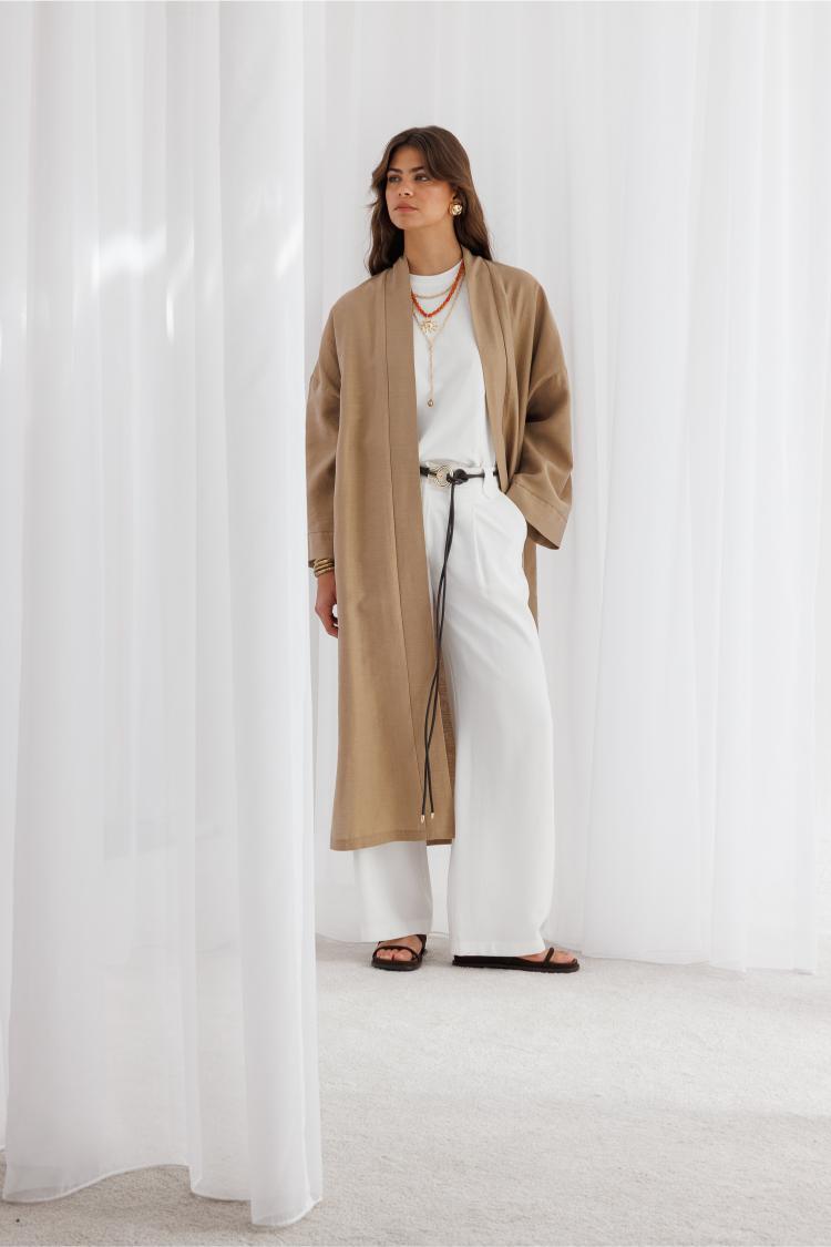 Mizalle Keten Dokulu Kuşak Detaylı Uzun Bej Kimono - Mizalle