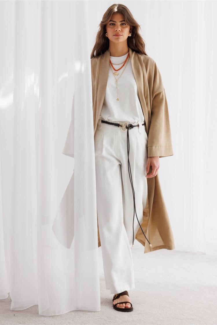 Mizalle Keten Dokulu Kuşak Detaylı Uzun Bej Kimono - 7