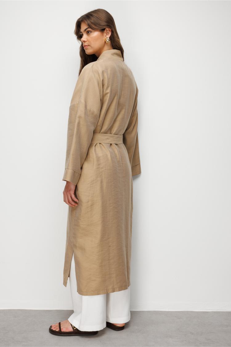 Mizalle Keten Dokulu Kuşak Detaylı Uzun Bej Kimono - 8
