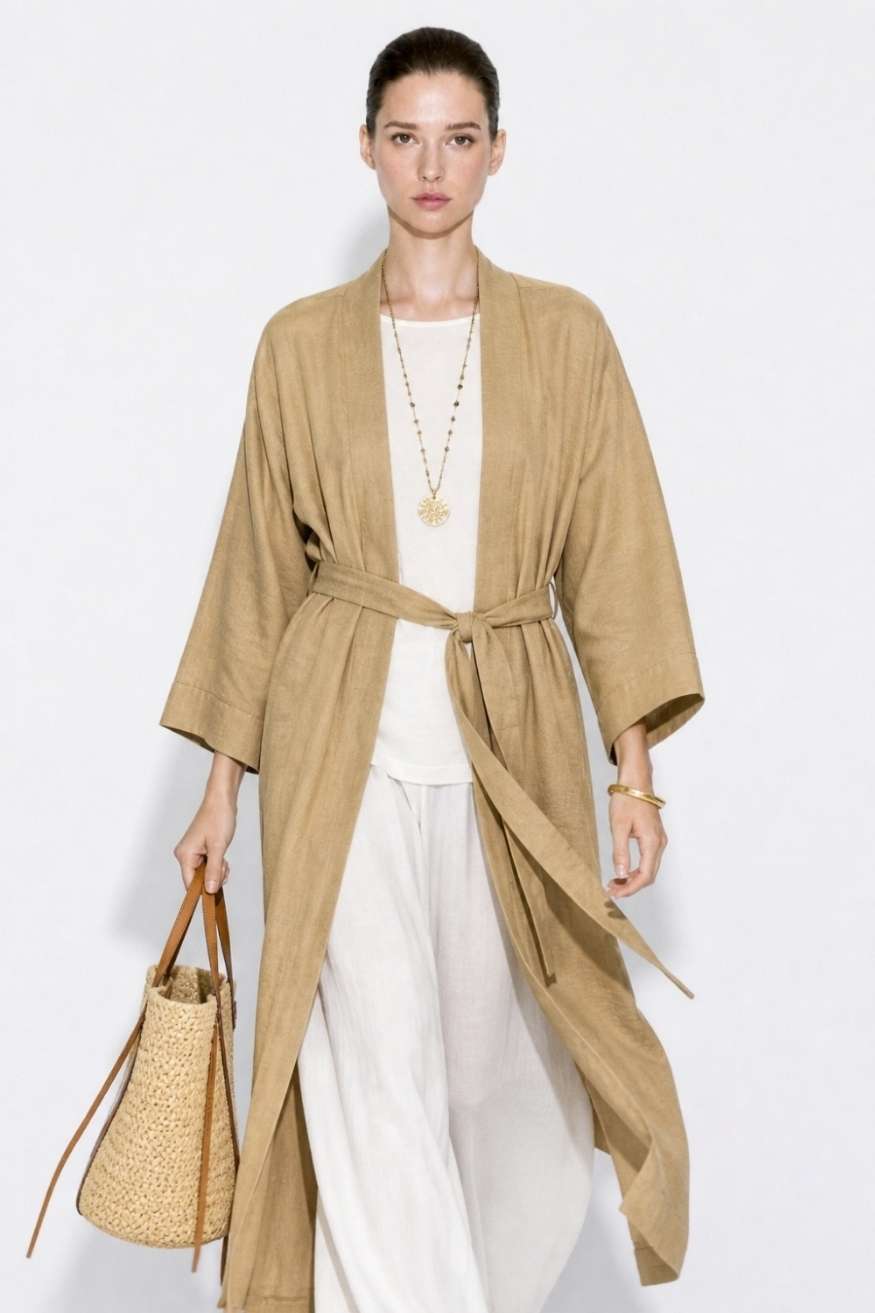 Mizalle Keten Dokulu Kuşak Detaylı Uzun Bej Kimono - Mizalle