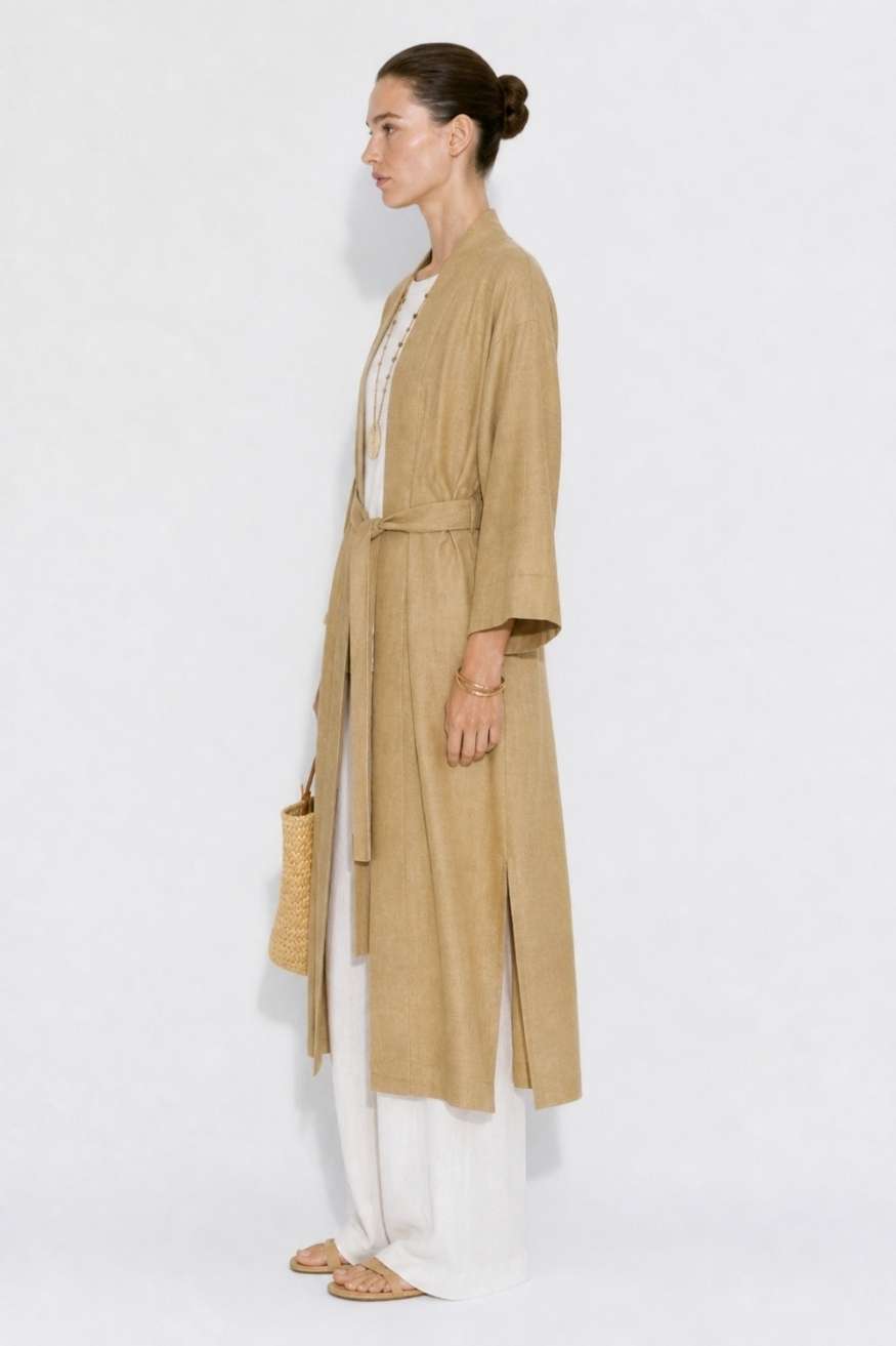 Mizalle Keten Dokulu Kuşak Detaylı Uzun Bej Kimono - Mizalle