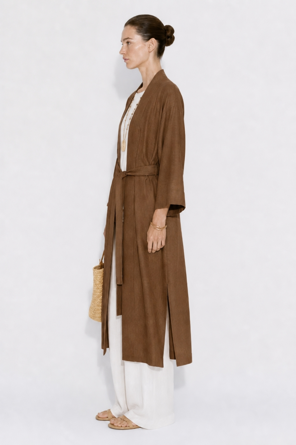 Mizalle Keten Dokulu Kuşak Detaylı Uzun Kahve Kimono - 3