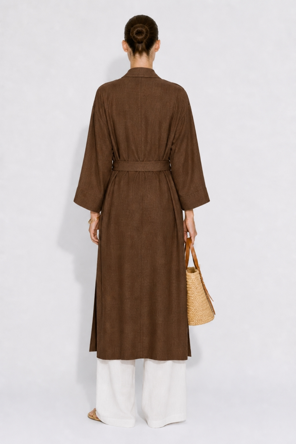 Mizalle Keten Dokulu Kuşak Detaylı Uzun Kahve Kimono - 4