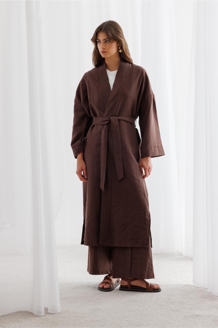 Mizalle Keten Dokulu Kuşak Detaylı Uzun Kahve Kimono - 1