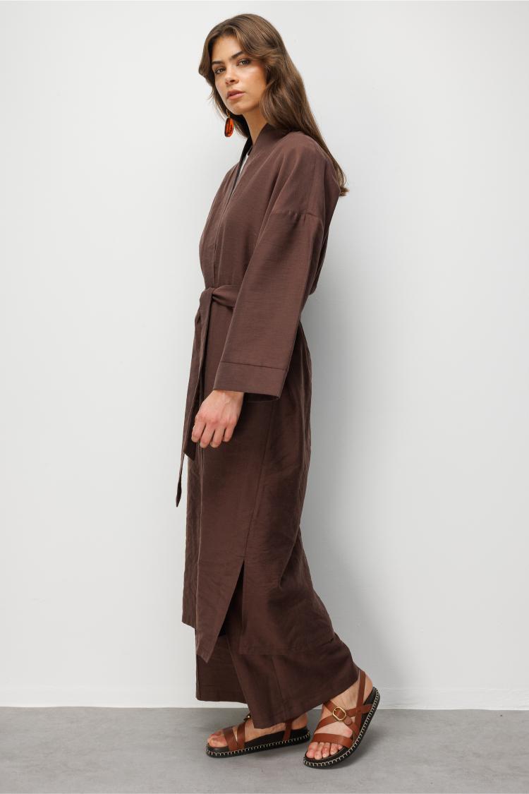 Mizalle Keten Dokulu Kuşak Detaylı Uzun Kahve Kimono - 6