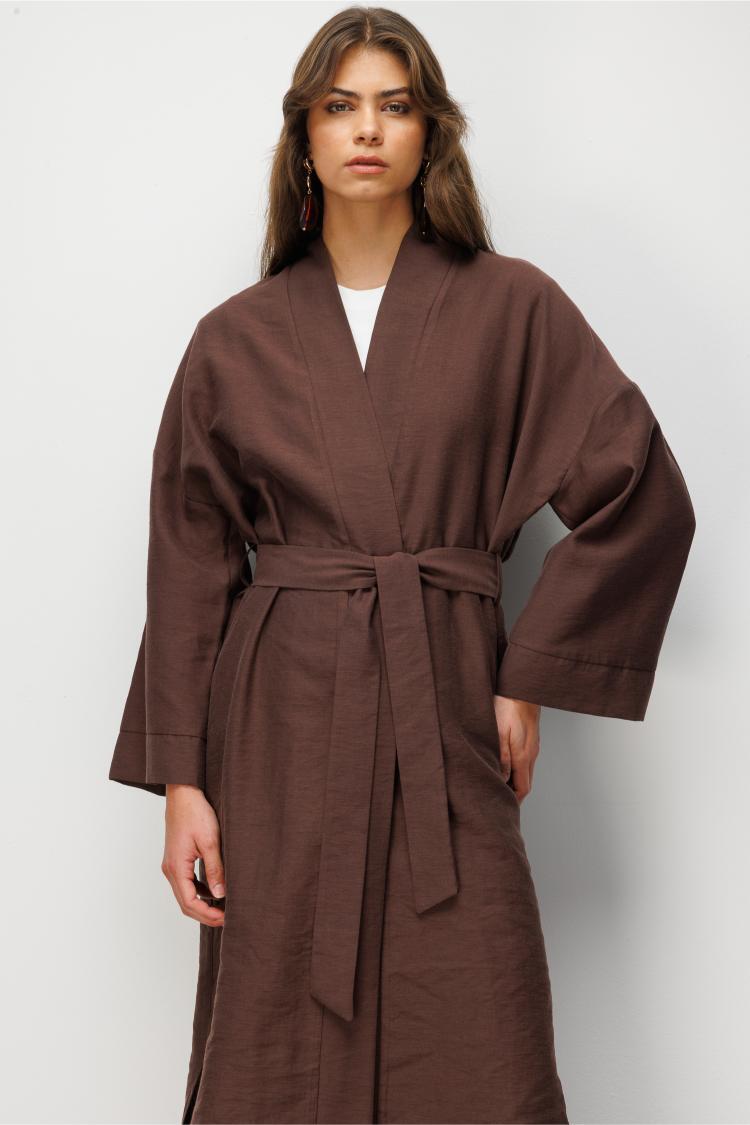 Mizalle Keten Dokulu Kuşak Detaylı Uzun Kahve Kimono - 7