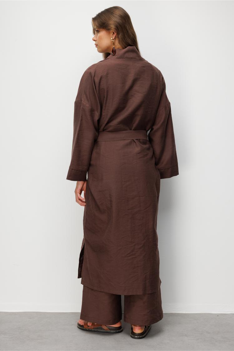 Mizalle Keten Dokulu Kuşak Detaylı Uzun Kahve Kimono - 8