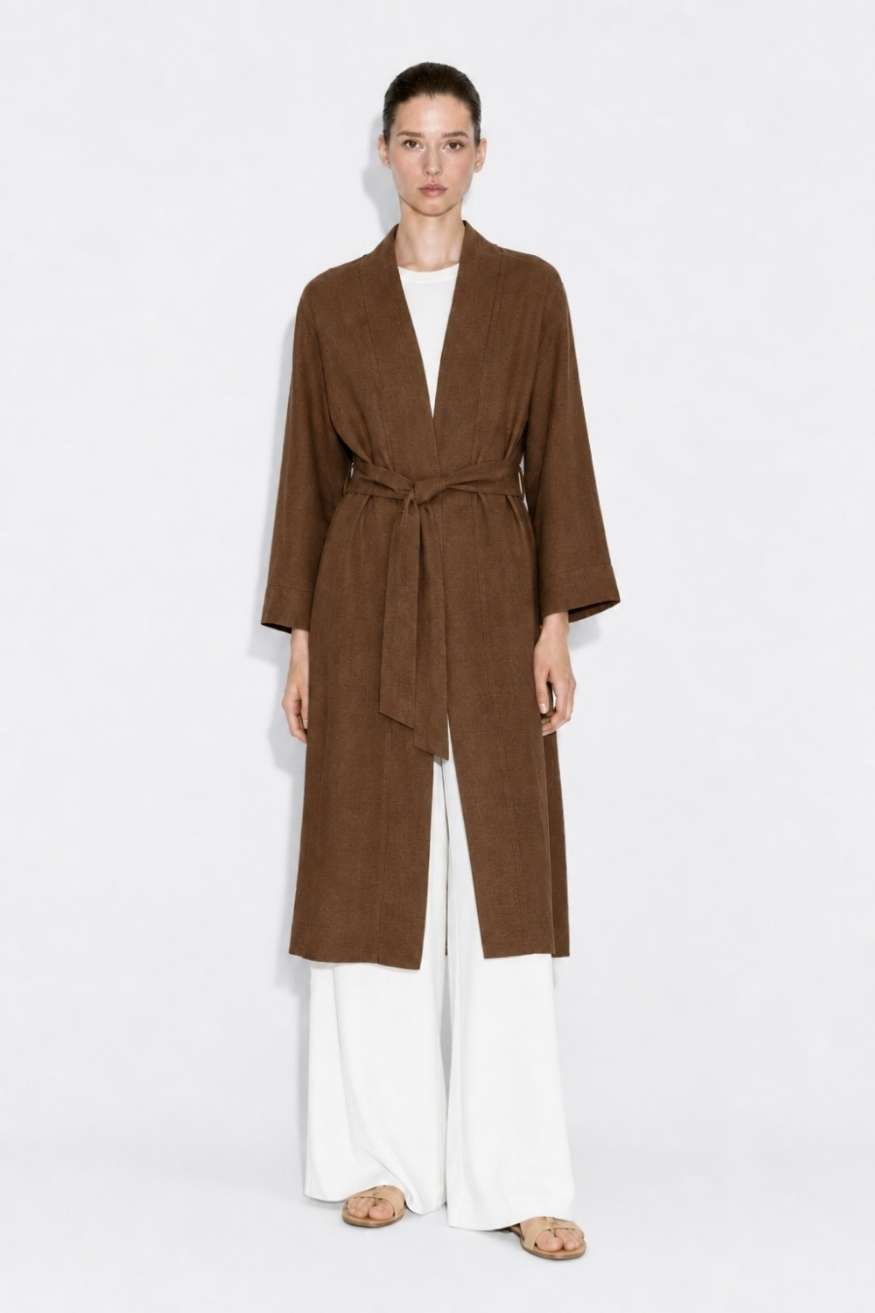 Mizalle Keten Dokulu Kuşak Detaylı Uzun Kahve Kimono - Mizalle
