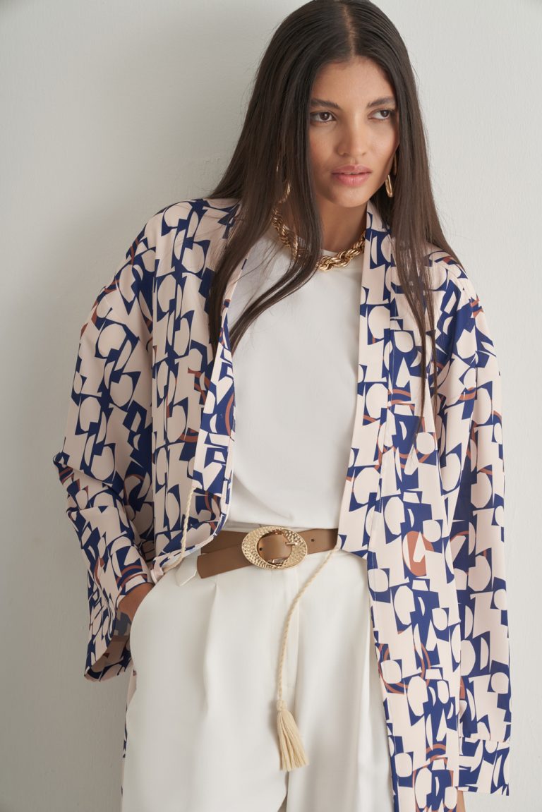 Mizalle Keten Dokulu Naturel Desenli Uzun Kimono Üst - Mizalle