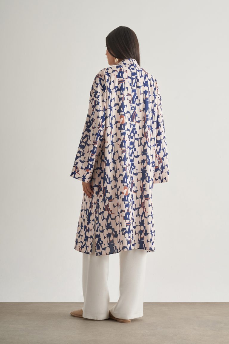 Mizalle Keten Dokulu Naturel Desenli Uzun Kimono Üst - Mizalle