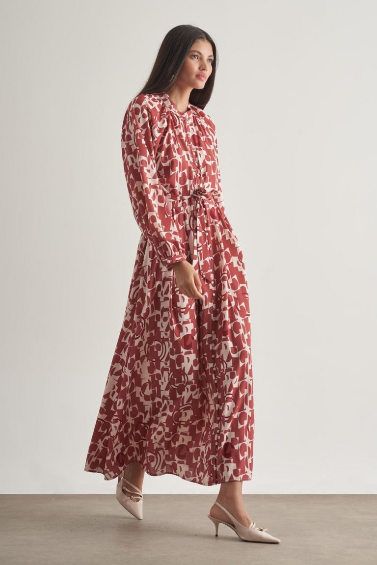 Mizalle Keten Dokulu Naturel Desenli Uzun Yazlık Elbise - Mizalle