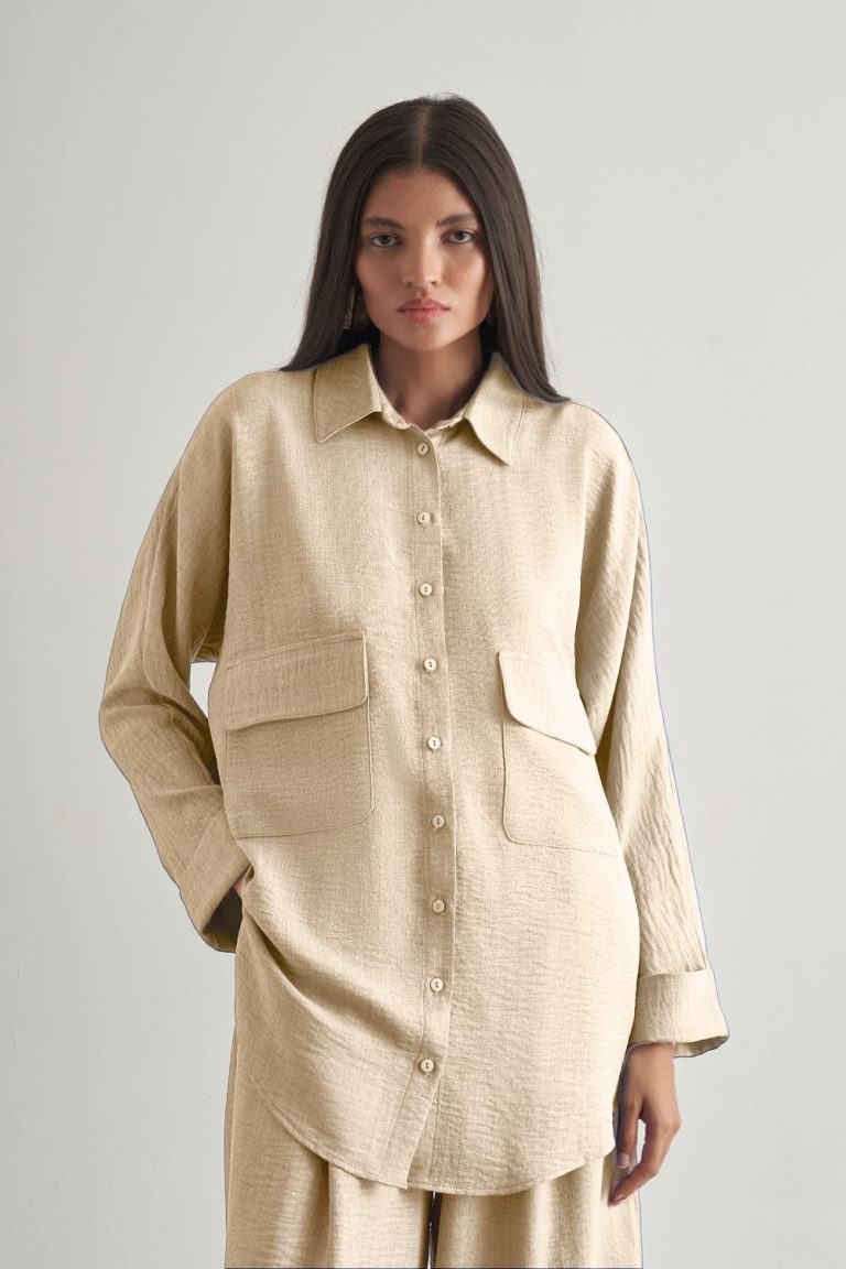 Mizalle Keten Dokulu Torba Cepli Bej Rengi Tunik - Mizalle