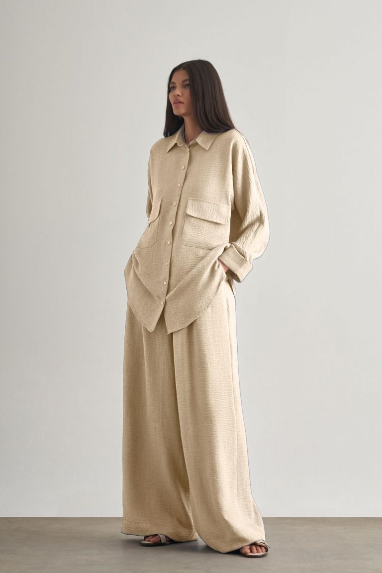 Mizalle Keten Dokulu Torba Cepli Bej Rengi Tunik - Mizalle