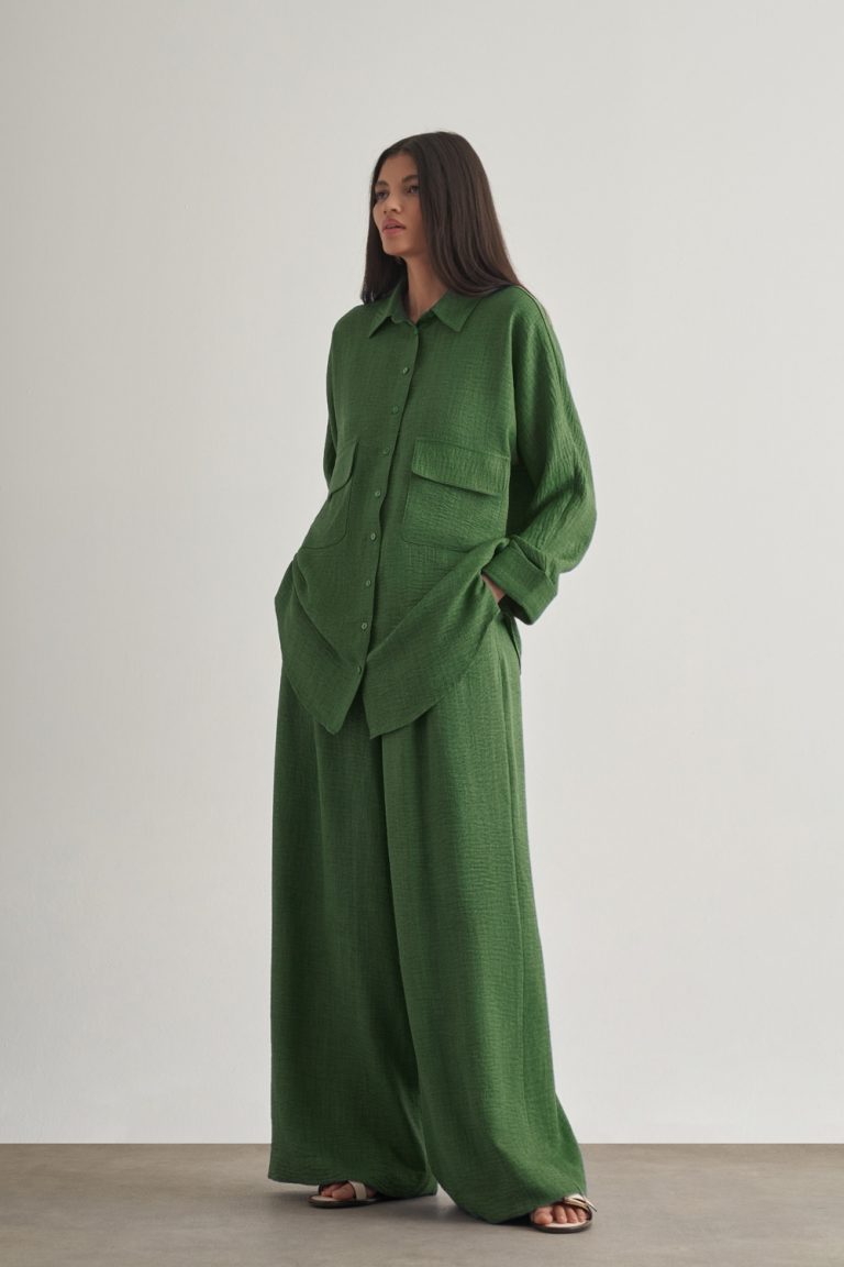 Mizalle Keten Dokulu Torba Cepli Yeşil Tunik - Mizalle