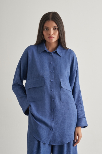 Mizalle - Mizalle Keten Dokulu Torba Cepli İndigo Mavi Tunik