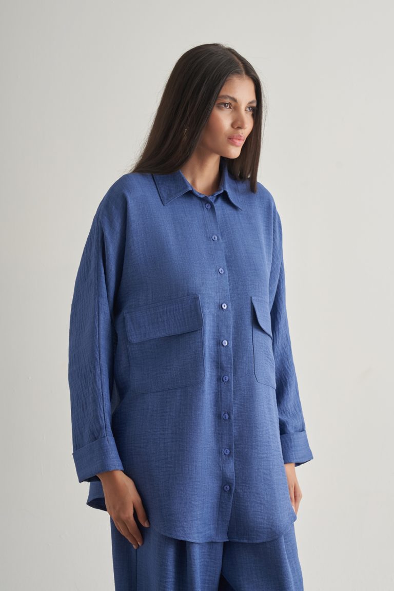 Mizalle Keten Dokulu Torba Cepli İndigo Mavi Tunik - Mizalle