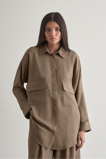 Mizalle - Mizalle Keten Dokulu Torba Cepli Kahverengi Tunik