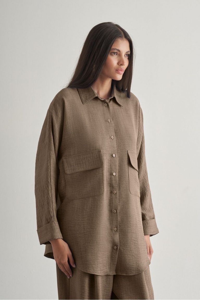 Mizalle Keten Dokulu Torba Cepli Kahverengi Tunik - Mizalle