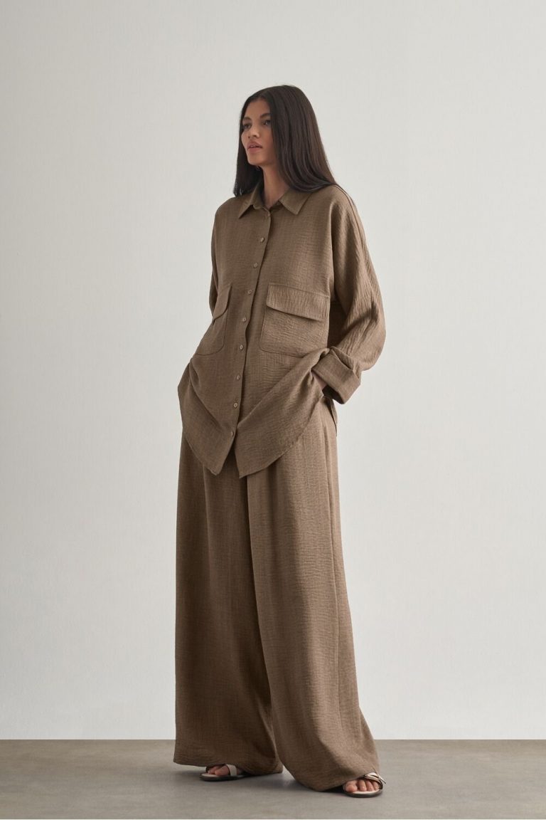 Mizalle Keten Dokulu Torba Cepli Kahverengi Tunik - Mizalle