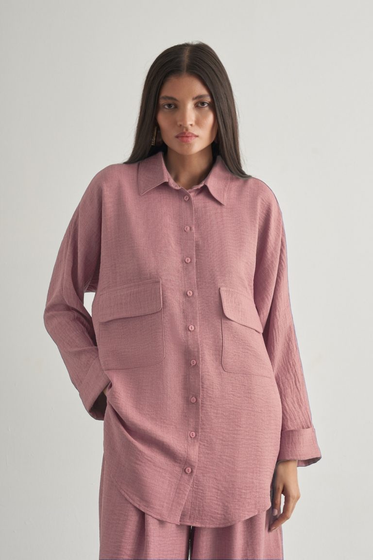 Mizalle Keten Dokulu Torba Cepli Pembe Tunik - Mizalle