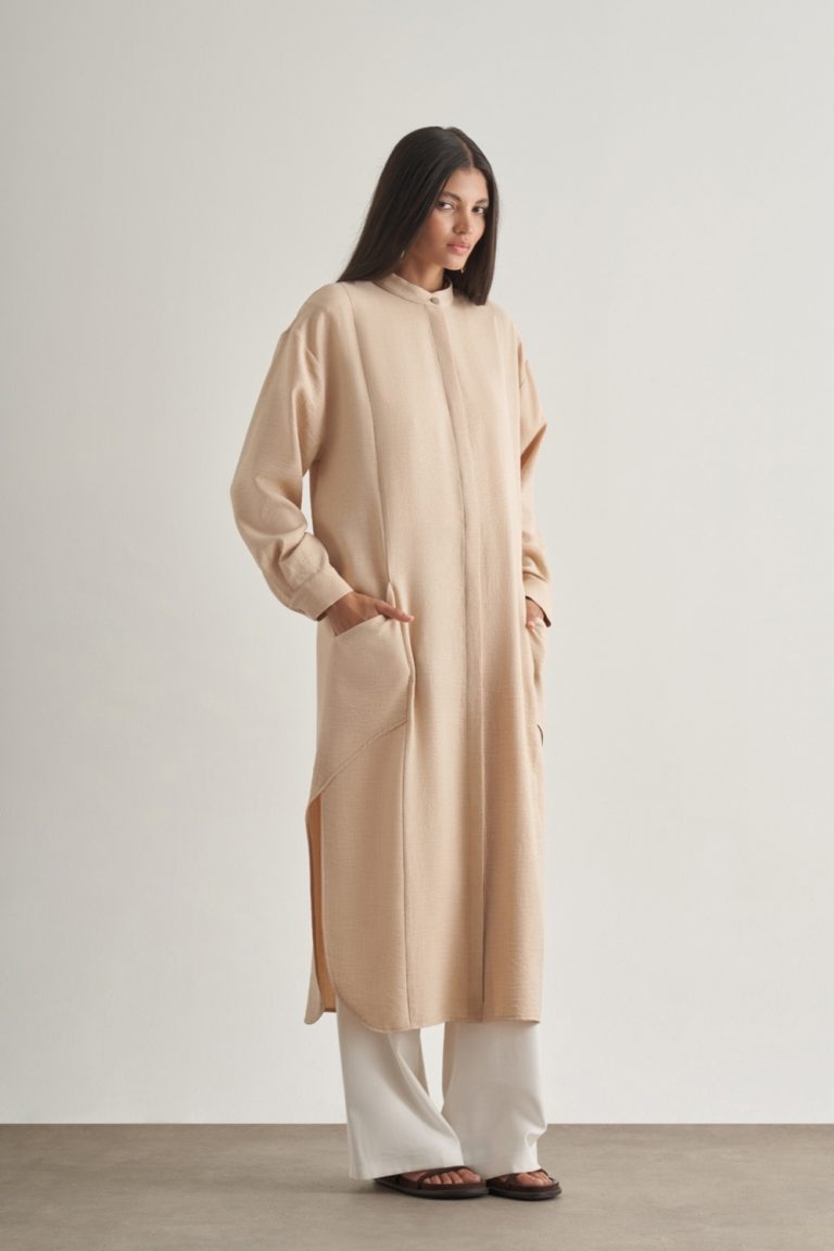 Mizalle Keten Dokulu Verev Cepli Bej Rengi Uzun Tunik - Mizalle