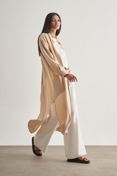 Mizalle Keten Dokulu Verev Cepli Bej Rengi Uzun Tunik - Mizalle