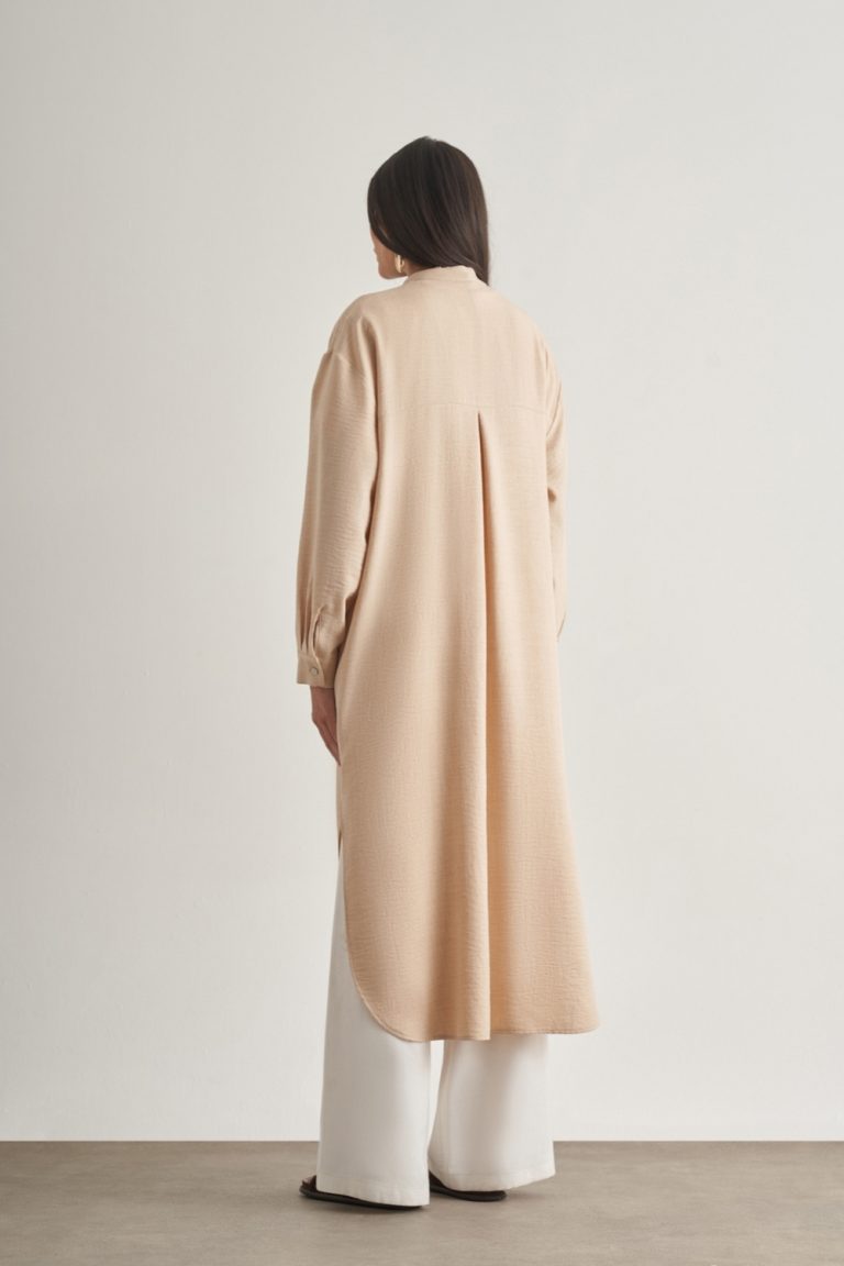 Mizalle Keten Dokulu Verev Cepli Bej Rengi Uzun Tunik - Mizalle