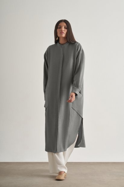 Mizalle Keten Dokulu Verev Cepli Gri Uzun Tunik - Mizalle
